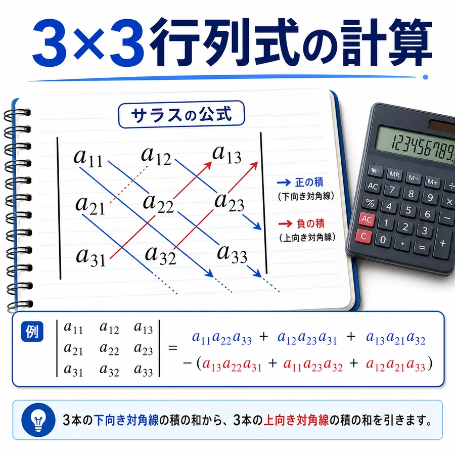 3×3行列式をサラスの公式で計算する右下がりと右上がりの対角線を示した図