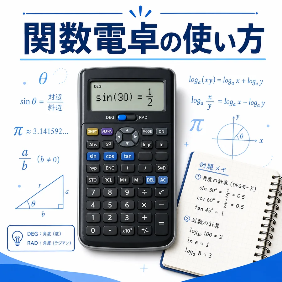 関数電卓の画面と三角関数、log、ルート計算の確認ポイントを示したイラスト